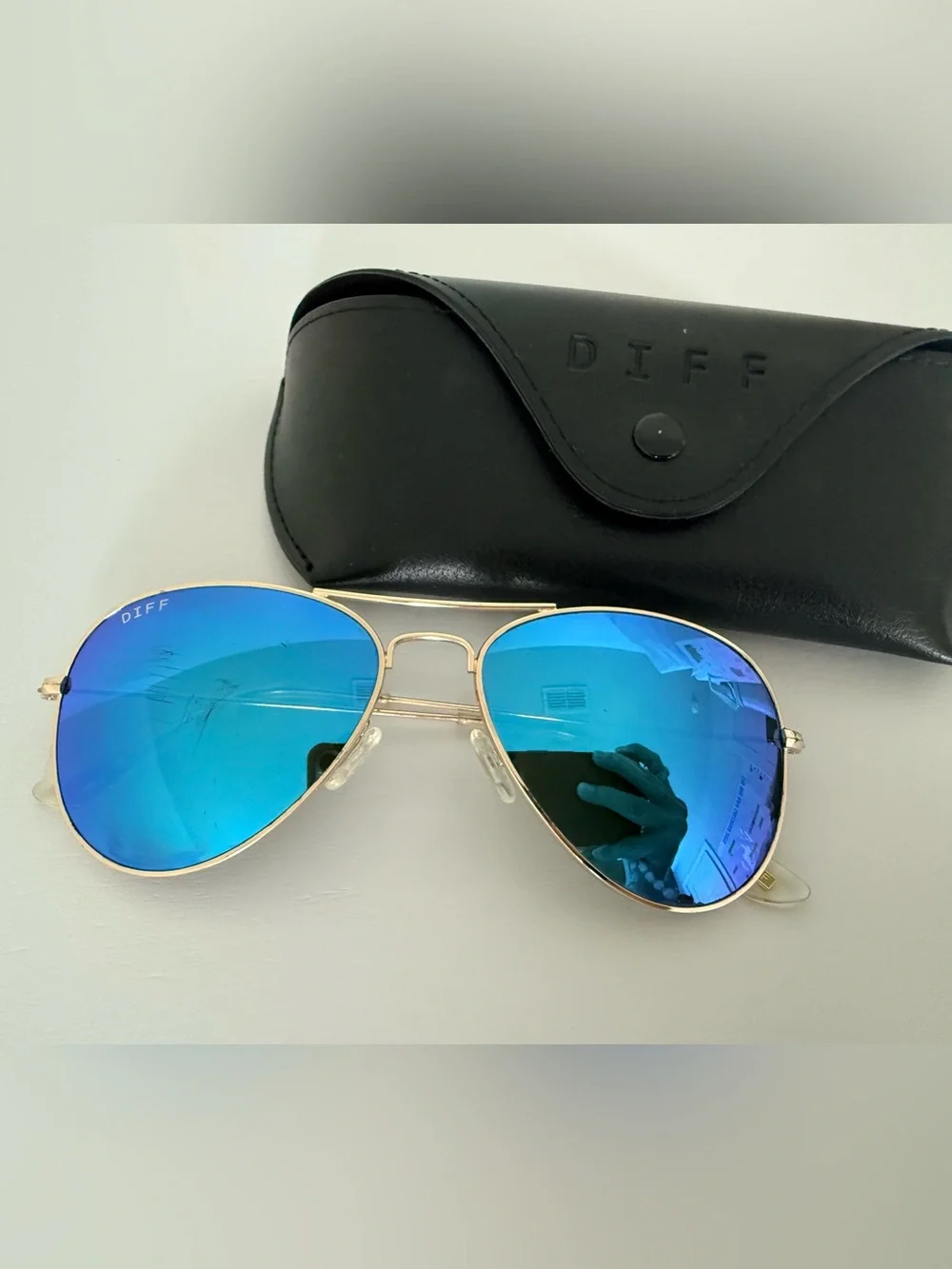 DIFF Eyewear Gold Aviator Blue Mirrored Sunglasses + Case